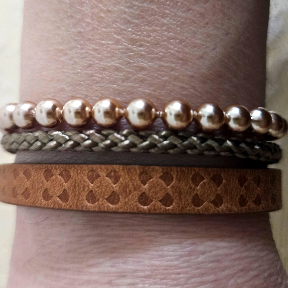 Vintage Fossil Leather, Pearl and Braided Cord Bracelet - Picture 2 of 5
